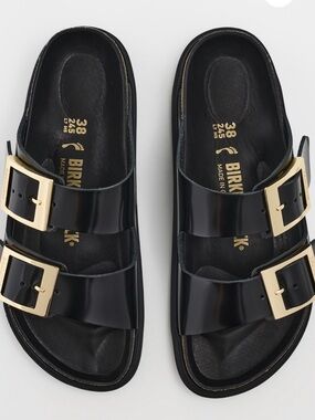 Birkenstock Women's Black Arizona Sandals with Gold Buckles